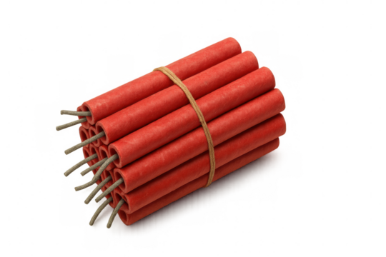 Bundle of red firecrackers tied with string, creating a dangerous explosive device, isolated on transparent background