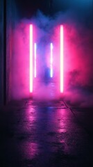 Obraz premium Bright neon lights create a vibrant atmosphere in a misty urban alley during nighttime