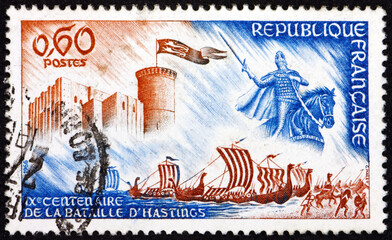Postage stamp France 1966 William the Conqueror, Castle and Norman Ships, 900th Anniversary of Battle of Hastings
