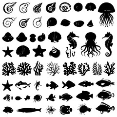 Naklejka premium Large collection of black marine life silhouettes including fish, seashells, starfish, corals, and sea creatures, arranged in neat rows on a white background.