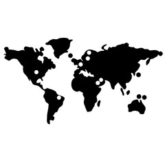 Black and White World Map with Selected Locations Indicated by Dots
