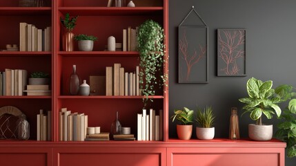 Stylish Red Background with Shelves and Green Plants for Virtual Meetings