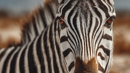Fototapeta premium Close-up of a zebra highlighting its striking black and white stripes in a natural habitat during golden hour sunlight