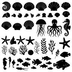 Large collection of black marine life silhouettes including fish, seashells, starfish, corals, and sea creatures, arranged in neat rows on a white background.