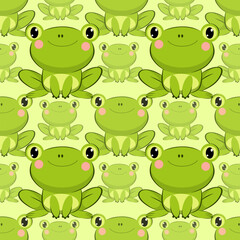 Seamless pattern of a frog in kawaii chibi style. Cute and colorful cartoon mascot on a green background. Perfect for children's artwork, stickers, nursery decor, prints and educational materials