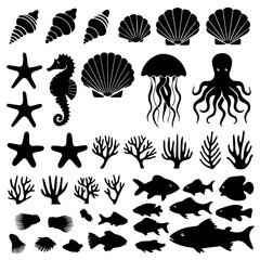 Large collection of black marine life silhouettes including fish, seashells, starfish, corals, and sea creatures, arranged in neat rows on a white background.