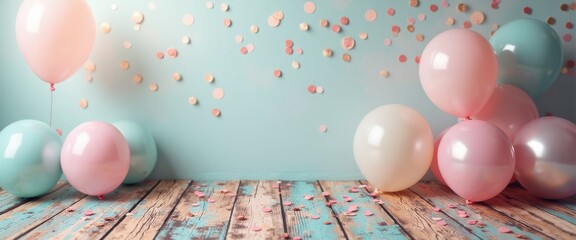 Balloons and confetti float against the background of a blue wall. Festive concept. selective focus