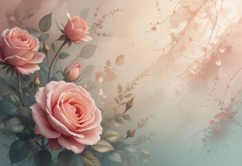 A painting of three pink roses with green leaves and stems
