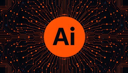 An orange  circled AI surrounded by a network of circuit  like patterns on a dark background. 