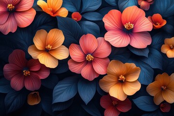 Vibrant flowers in hues of orange, pink, and yellow gracefully arranged among lush green leaves in a stunning floral display