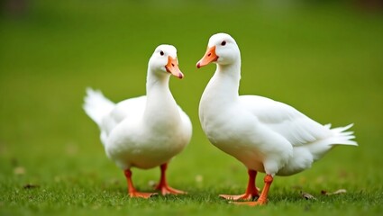 Obraz premium Pair of White Ducks Standing on Green Grass – Domestic Waterfowl in Natural Setting