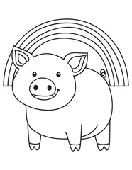 Happy Pig with Rainbow – Line Art Coloring Page