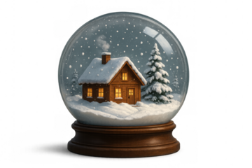 Festive snow globe revealing wooden cabin nestled amid gently falling snowflakes, glowing window, moonlit winter evening, transparent backdrop