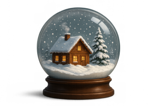 Festive snow globe revealing wooden cabin nestled amid gently falling snowflakes, glowing window, moonlit winter evening, transparent backdrop