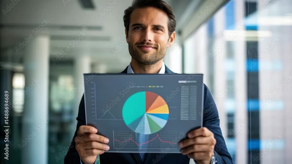 Poster a businessman analyzes a colorful pie chart and data graphs on a transparent screen in a modern offi