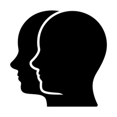 Overlapping head profiles in black and white representing different perspectives and duality