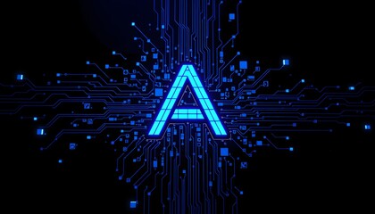 A glowing blue "A" surrounded by a network  like pattern of circuit  board elements on a dark background. 
