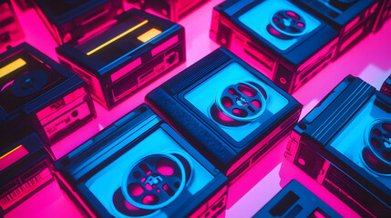 Retro VHS Tapes Aesthetic in Neon Lights and Vibrant Colors