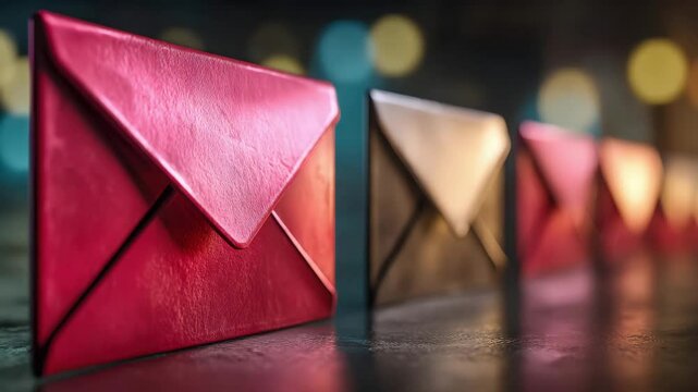 Colorful envelopes in a row, with a focus on a shiny red envelope, placed on a reflective surface with blurred lights in the background.