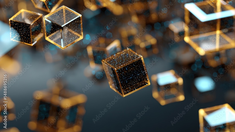Poster abstract 3d rendering of golden cubes floating in space with blue sparks digital technology backgrou