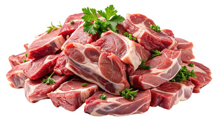 Pile of fresh raw lamb chops with parsley garnish on black background