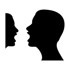 Silhouette of two individuals in profile, appearing to be communicating intensely