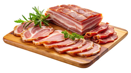 Cured meat assortment featuring bacon, sliced ham, and herbs on wooden board