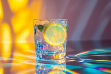 Neon lemonade inside a prism glass, refracting vibrant beams across a chrome tabletop 