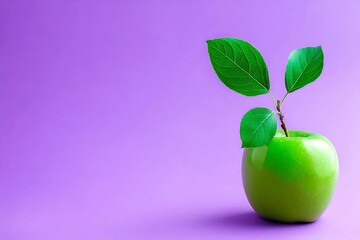 Green apple with leaves on purple