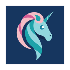 Colorful stylized unicorn head illustration in vector with pink and blue hues on dark blue background