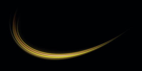 Long exposure light painting photography, curvy lines of vibrant neon metallic yellow gold against a black background. Gold light spiral effect. Glittering wavy trail