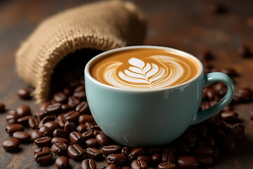 a cup of coffee with latte art and some coffee beans around the glass is placed on the table
