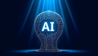 A circuit  patterned AI symbol in a head shape, illuminated by blue rays against a dark background. 