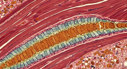 Microscopic View of Colorful Biological Tissue Structure with Intricate Cell Arrangement
