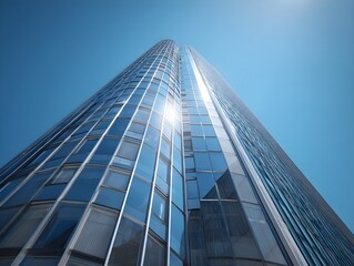 Obraz premium Elevate Your Vision with Shiny Skyscraper Against Clear Sky Background for Inspirational Urban Architecture Displays
