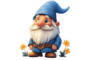 A whimsical garden gnome with a kind expression guardian of blooming wildflowers with digital on transparent background