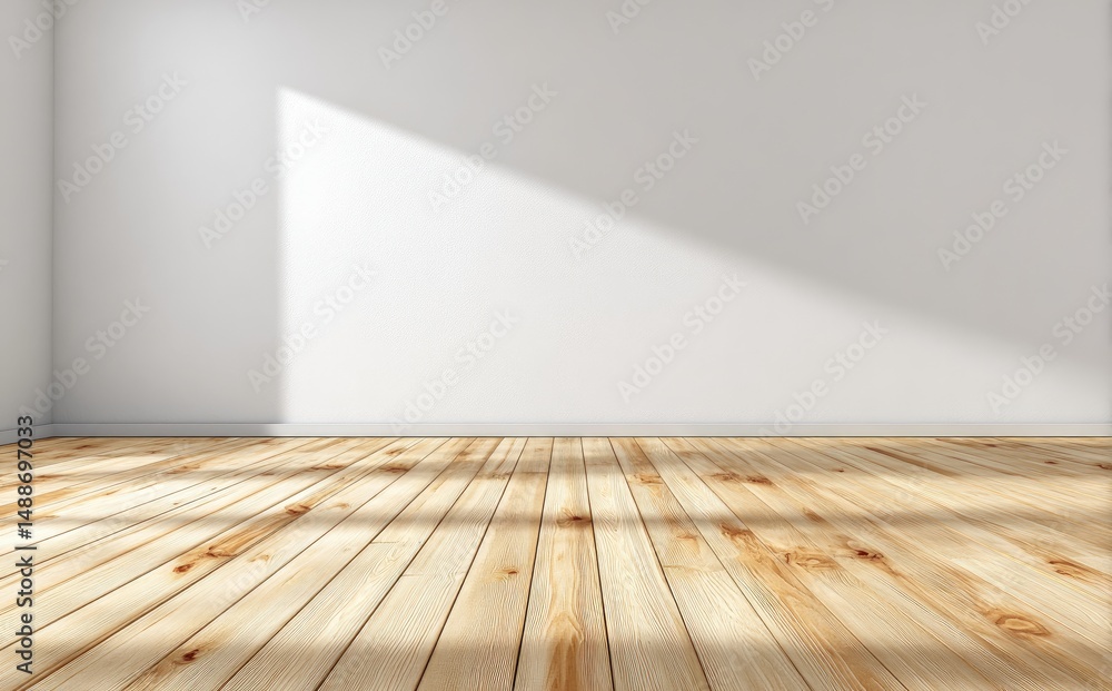 Aufkleber bright empty room with light wood plank flooring and white textured wall, sunlight casting angular s