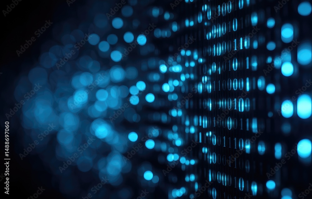 Fototapete Digital binary code background with glowing blue 0s and 1s and bokeh lights, creating a futuristic data stream effect. Ideal for tech presentations, coding, or cybersecurity content