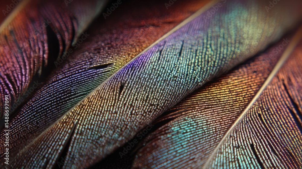 Poster vibrant iridescent bird feathers close up macro shot showing intricate details and texture
