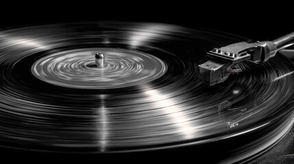 Spinning Vinyl Record Close Up Music Playback Detail Shot A Detailed View of a Rotating Vinyl Record on a Turntable