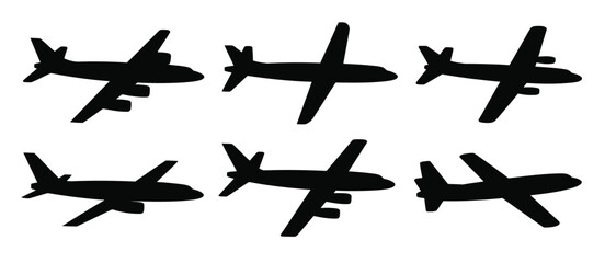 Six Black Silhouettes of Airplanes in Different Positions