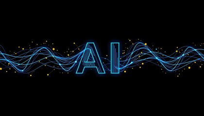 The image features glowing blue AI letters on a black background, surrounded by wavy lines and small yellow dots. 