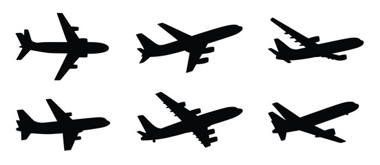 Six Black Silhouettes of Airplanes in Different Positions