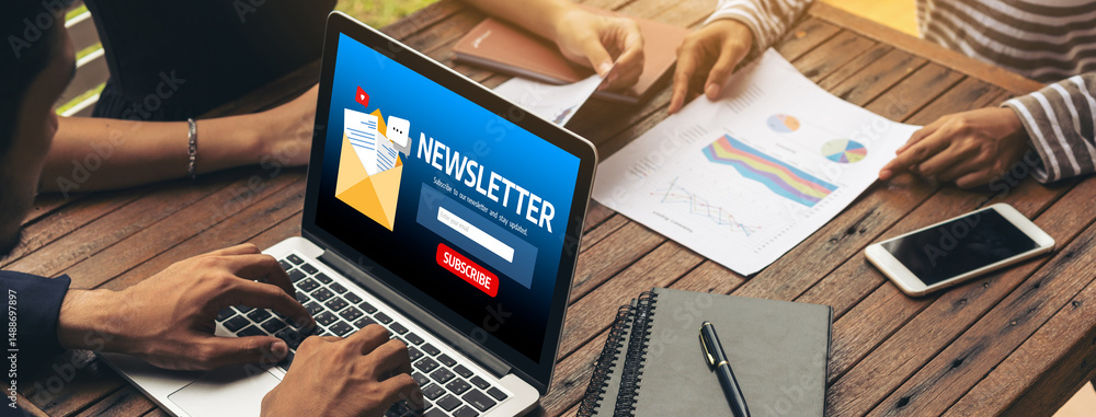 Poster newsletter signup page on computer for customer to subscribe snugly newsletter update information to