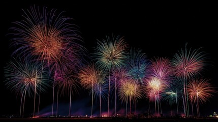 Vibrant Colorful Fireworks Display at Night Over City Skyline Celebration Event