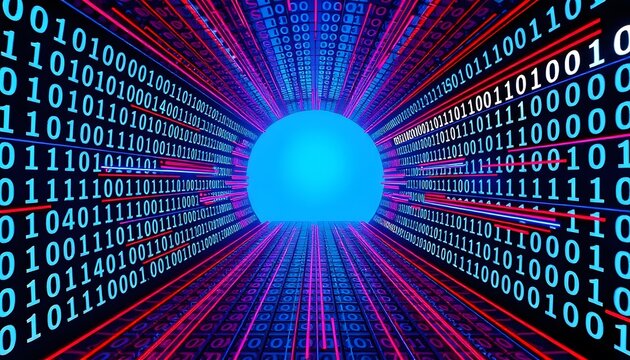 A blue sphere at the end of a tunnel  like structure filled with binary code and vibrant lines. 