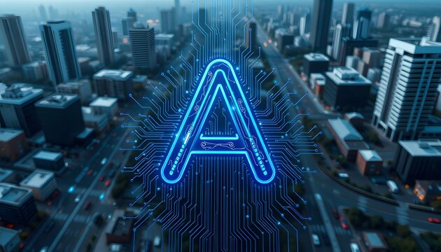 A large, glowing blue "A" with circuit  like patterns, set against a backdrop of a modern cityscape. 