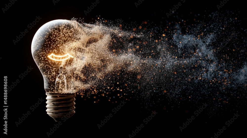 Poster glowing light bulb dissolving into sparkling dust abstract concept of ideas innovation and creativit