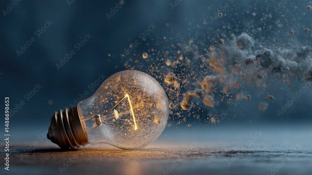 Poster glowing light bulb exploding with sparks and particles abstract background image