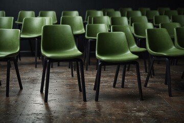 Naklejka premium Multiple green chairs arranged on wooden floor in empty room